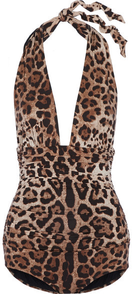 Dolce & Gabbana Leopard-print Ruched Halterneck Swimsuit - Leopard ...