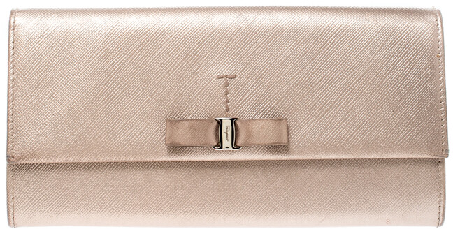 Ferragamo Beige Metallic Leather Bow Continental Wallet