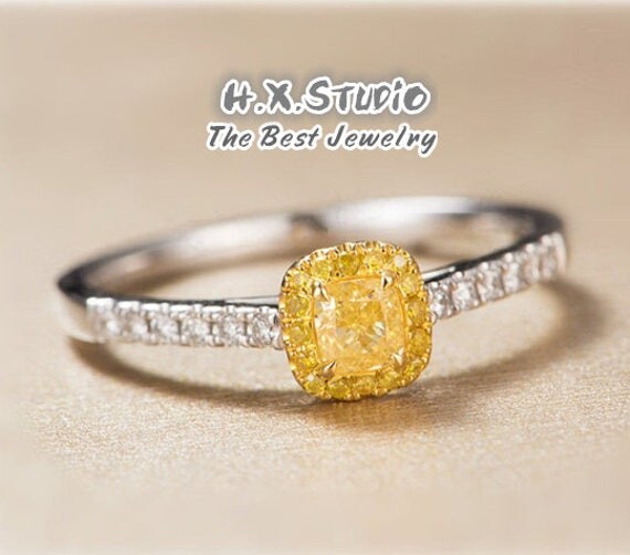 Etsy Fancy Yellow Diamond Ring, Halo 18K White Gold Engagement Promise Wedding Valentine'day