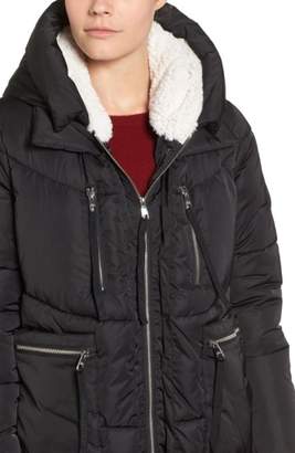 Steve Madden Hooded Puffer Jacket with Faux Shearling Trim