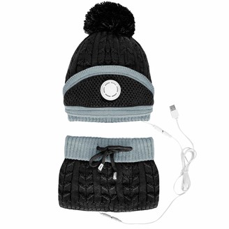 B Commerce B-commerce Women USB Heating Hat Neck Scarf and Face Mouth Cover Set Winter Warm Wool Knitted Fleece Beanie Hat Bobble Pom Pom Hats Scarf Neck Warmer (Gray)