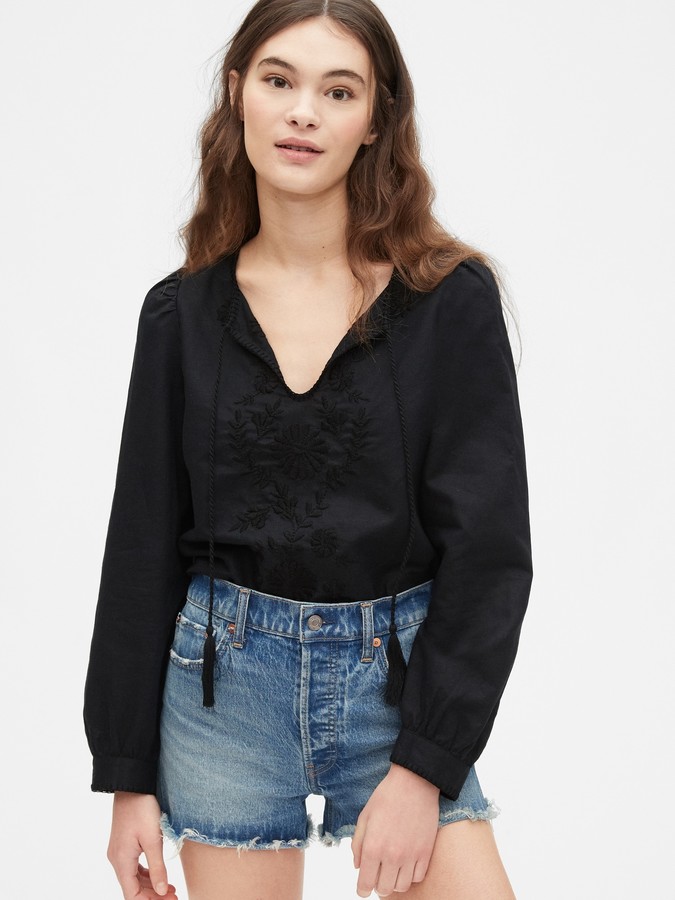 Gap Embroidered Tie-Front Top in Linen-Cotton - ShopStyle