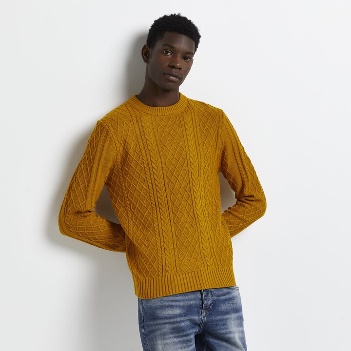 River Island Mens Yellow slim fit cable knit jumper - ShopStyle