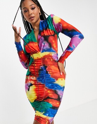 John Zack Exclusive plunge front ruched detail mini dress in rainbow marble print