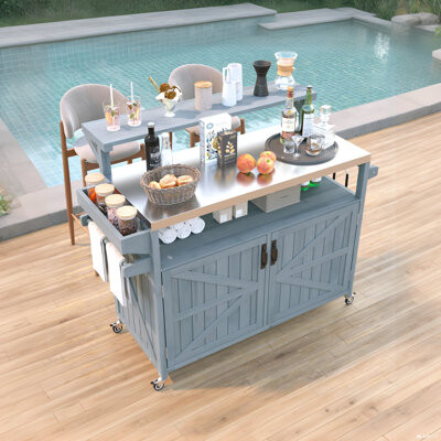 howcoolmall Outdoor Solid Wood Kitchen Island With Raised Shelf, Rolling Grill Cart Outdoor BBQ Cart With Hooks And Spice Rack