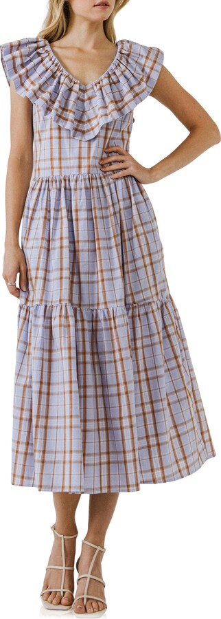 ENGLISH FACTORY Plaid Ruffle Cotton Dress