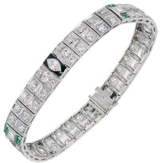 Platinum and Black Enamel with Diamond and Emerald Art Deco Bracelet