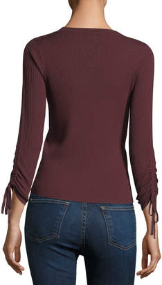 Veronica Beard Owen Tubular Drawstring-Sleeve Ribbed Sweater
