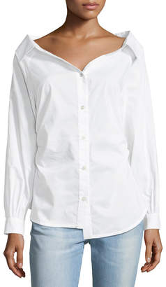 Frame Bateau-Neck Button-Front Cinched Poplin Oxford Shirt