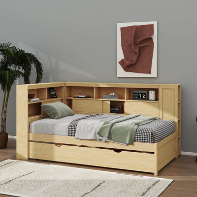 Wooden Twin-Size Daybed With Integrated Shelves, USB Ports, And Pull-Out Trundle Bed