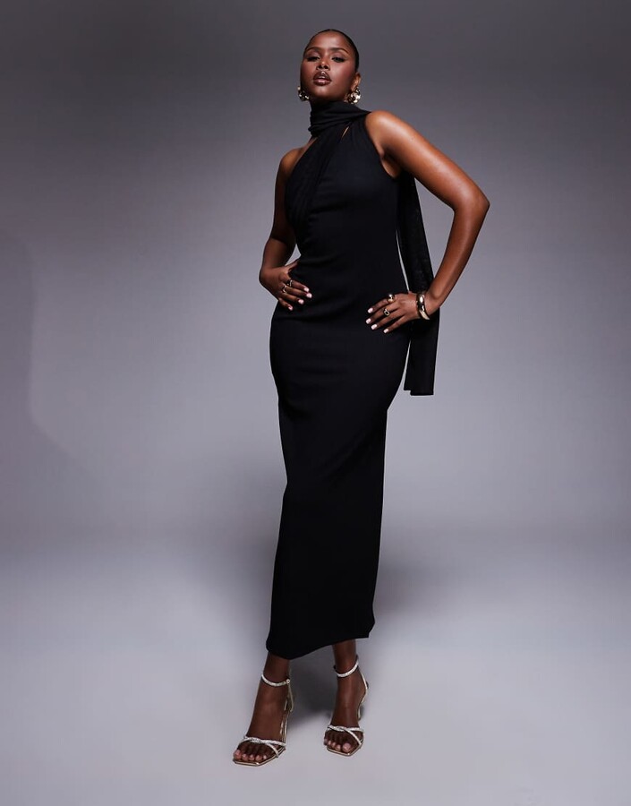 ASOS DESIGN textured crinkle one shoulder midi dress with sheer neck tie sash in black