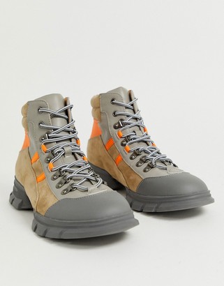 ASOS DESIGN lace up hiker boots in stone faux leather with colour pop details