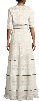 Talitha Collection Elbow-Sleeve Eyelet Lace-Inset A-Line Long Dress