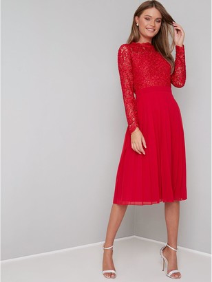Chi Chi London Naarah Lace Top Midi Dress - Red