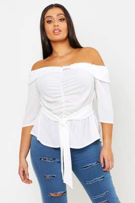 boohoo Plus Ruched Off The Shoulder Tie Detail Blouse