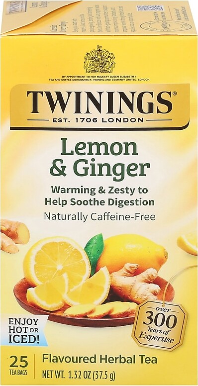 Twinings Caffeine Free Lemon & Ginger Herbal Tea Bags, 25/Box (TNA85145)