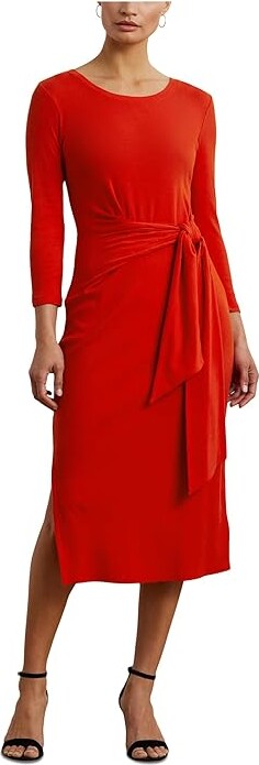 Lauren Ralph Lauren Tie-Front Cotton-Blend Crewneck Dress Women's Dress Bright Vermilion : XL, Cotton/Elastane/Modal