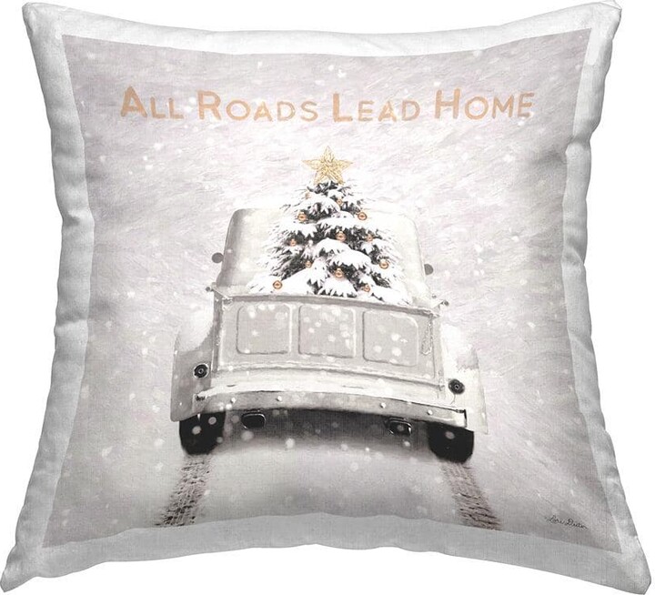 All Roads Lead Home Christmas Tree Off-White Print Polyester 18in. X 18in. Throw Pillow
