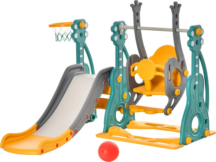 Qaba Toddler Swing and Slide Set with Basketball Hoop, Guitar Theme,