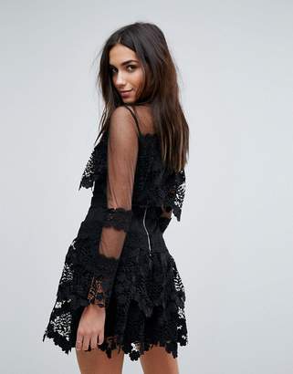 PrettyLittleThing Premium Lace Dress With Mesh Sleeve