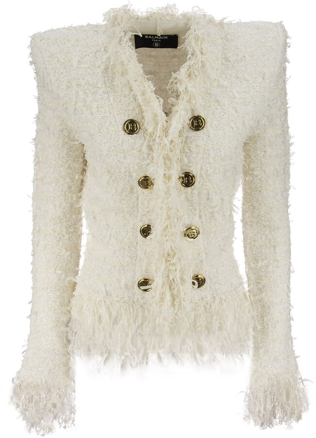 Balmain White Tweed Jacket With Fringe And Gold-tone Double-breasted  Closure - ShopStyle