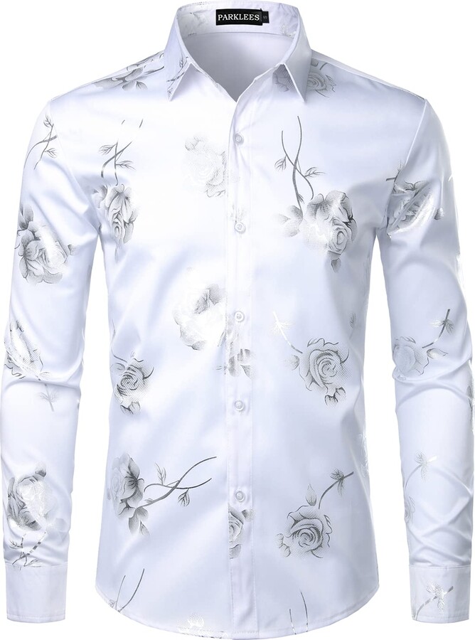 PARKLEES Men's Shiny Gold 3D Rose Print Slim Fit Button Down Dress ...