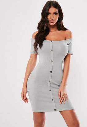 Missguided Grey Button Bardot Knit Mini Dress
