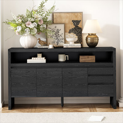 60" 3-Door Sideboard with 3 Drawers - Modern Solid Ash Veneer MDF Sideboard, Semi-Open Shelf & Center Semi-Circular Cutout in Back Panel, Large Storag