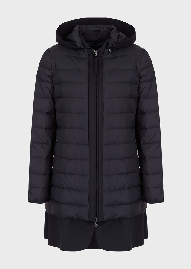 Emporio Armani Long, hooded, recyclednylon puffer jacket with scubafabric flounce ShopStyle
