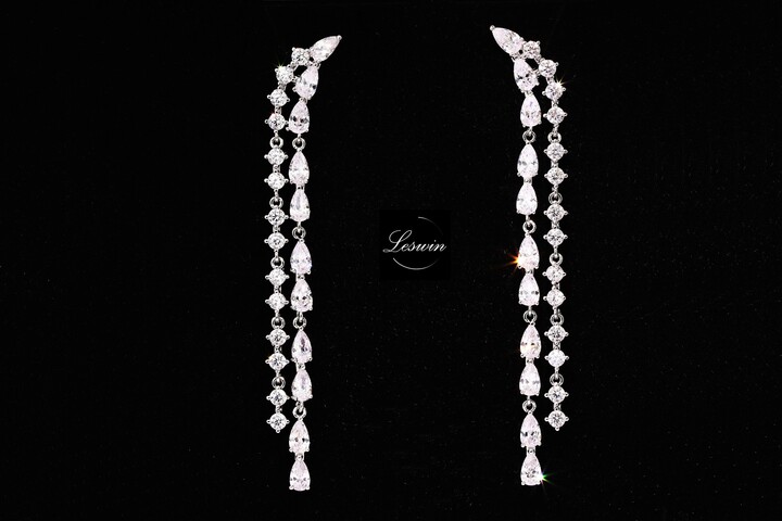 sterling Silver Fringe Earrings, Diamond Crystal Tassel, Designer Long Drop Party Dangle, Bridal Bridesmaids Ear Threader, Gift For Her