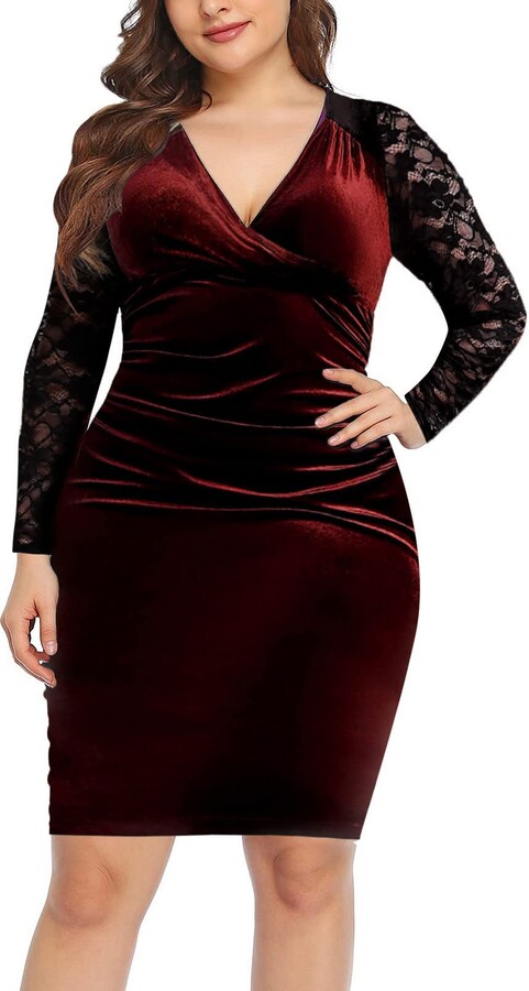 LUCKME Womens Dresses UK V Neck Velvet Dress Plus Size Lace Long