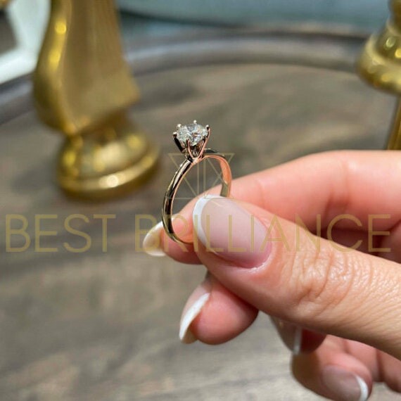 Etsy Round Engagement Ring 0.75 Carat D Vs2, 18K Rose Gold, Solitaire Ring, 6 Prongs Crown Prongs, Thin & Elegant Design