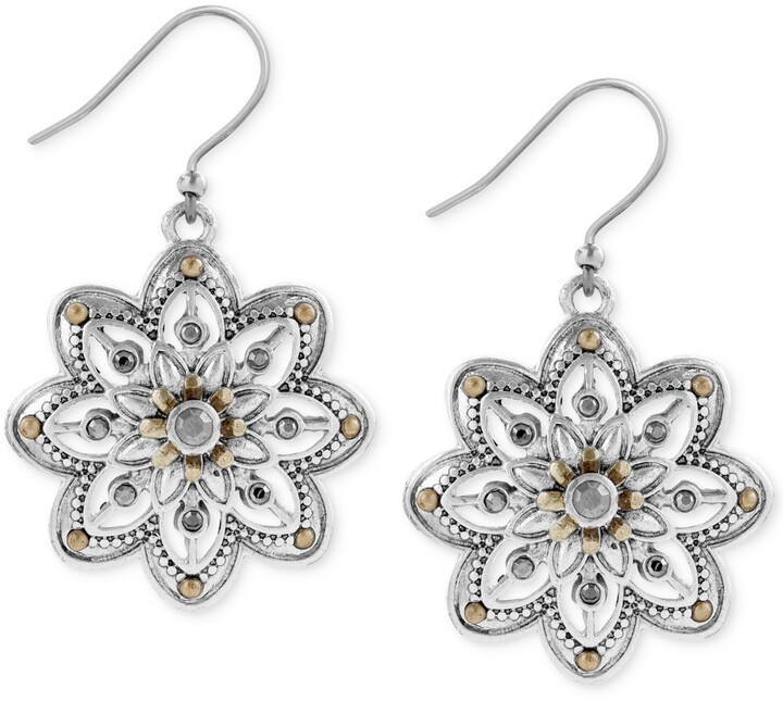 Lucky Brand Gold & Silver Two Tone Openwork Cutout Medallion Drop Earrings 