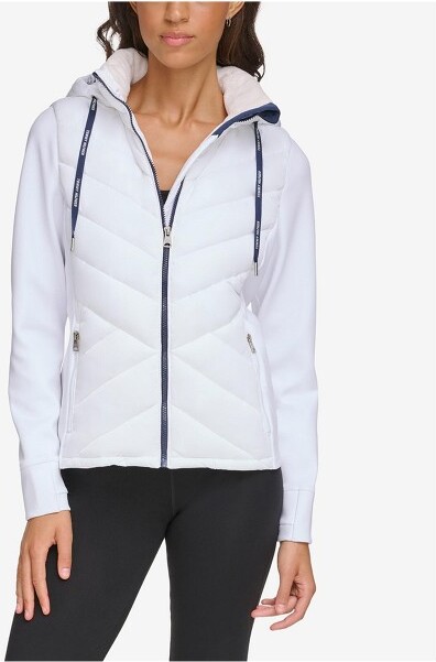 Tommy Hilfiger Womens Knit Hooded Zip Quilted Jacket, White, XX-Large