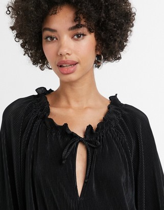 Monki plisse peplum blouse in black