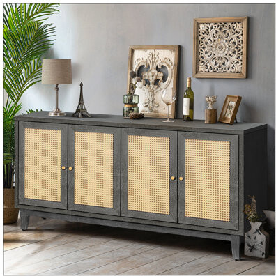 Dovecove Handcrafted Premium Grain Panels,Rattan Sideboard Buffer Cabinet With 4 Rattan Doors, Modern Storage Cupboard Console Table With Adjustable Shelves Fo