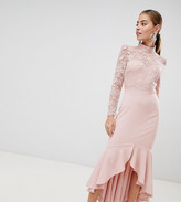 Thumbnail for your product : City Goddess Petite Long Sleeve High Neck Fishtail Maxi Dress With Lace Detail