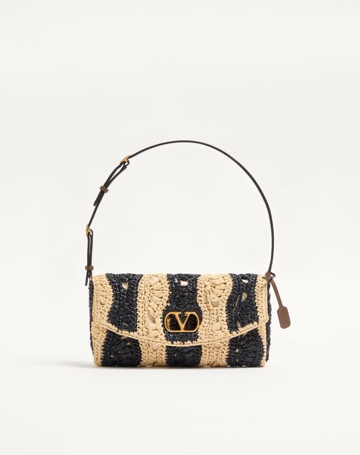 Valentino Garavani DeVain Small Shoulder Bag In Raffia With Wave Pattern