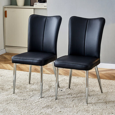 2 Modern Chair Collection, Black Pu Leather Covered Cushions, Curved Backrests, Metal Legs, For Restaurant, Bedroom, Living Room, Easy Assembly Manual