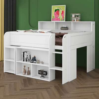 Full Size Loft Bed With Multiple Storage Shelves, Built-In Desk And LED, Solid Wood Loft Bed For Kids Teens Adults