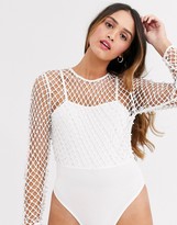 Thumbnail for your product : Club L London pearl mesh bodysuit in white