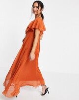 Thumbnail for your product : ASOS DESIGN ruffle midi dress with lace up front and adjustable waist detail in rust
