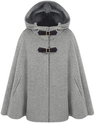 Azbro Women's Winter Wool Blend Hooded Cape Cloak Coat, XL