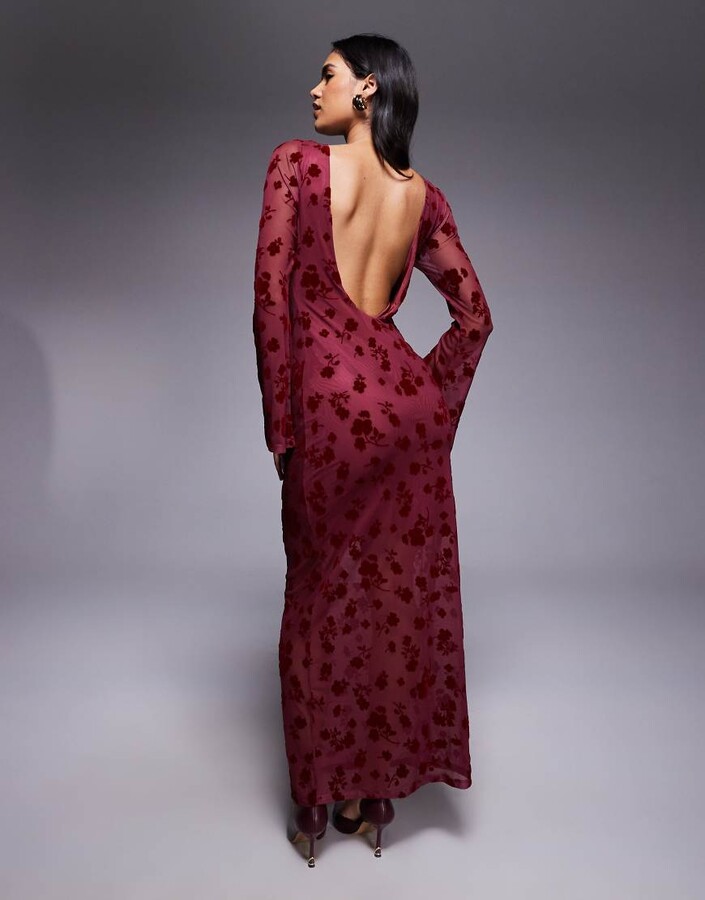 ASOS DESIGN floral flock maxi dress with flute sleeve detail in burgundy