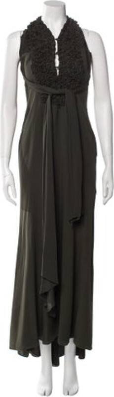 Valentino Silk Evening Gown Green Ruffle & Keyhole Accents Sleeveless with V-Neck Concealed Zip Closure at Back Designer