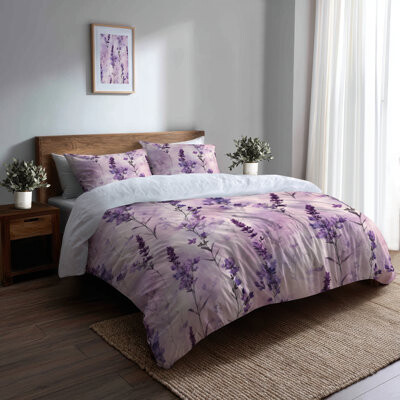 Design Art Calming Florals Bedding Set Of 3 For Teenagers - Serene Soft Lavender Dreams Duvet Cover And Throw Pillow Set