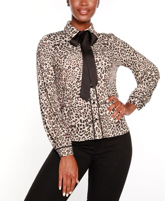 Belldini Black Label Button Front Animal Print Blouse Top with Contrast Neck  Tie - ShopStyle