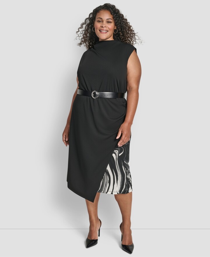 DKNY Plus Size Sleeveless Funnel Neck Belted Midi Dress - Black/Ivory