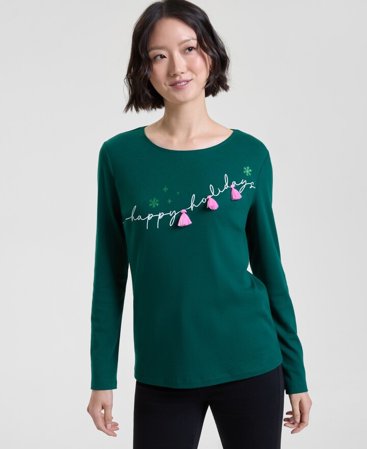 Holiday Lane Women's Festive Moment Long-Sleeve Top, Macy's Exclusive