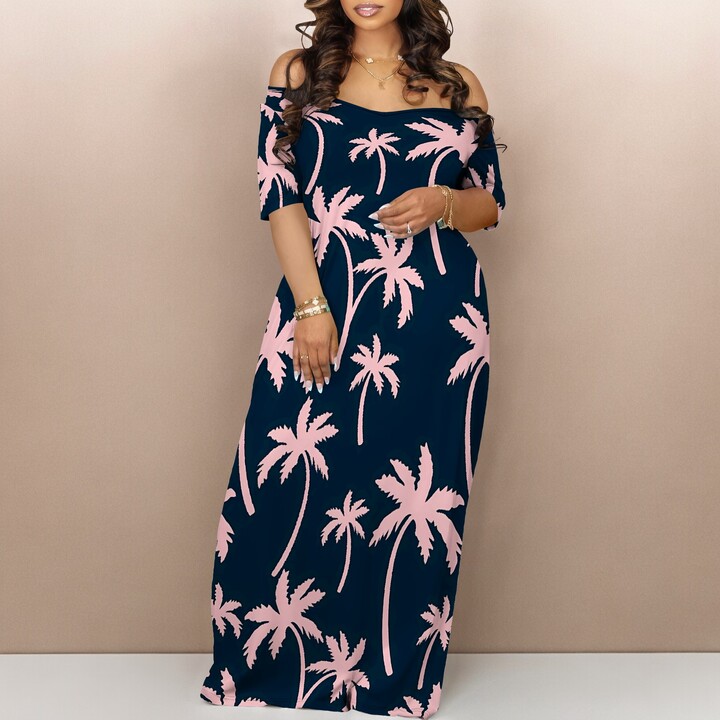 Nupusa Palm Tree Print Dress for Women Standard Size Summer Casual Off - Shoulder Short Sleeve Maxi Dress